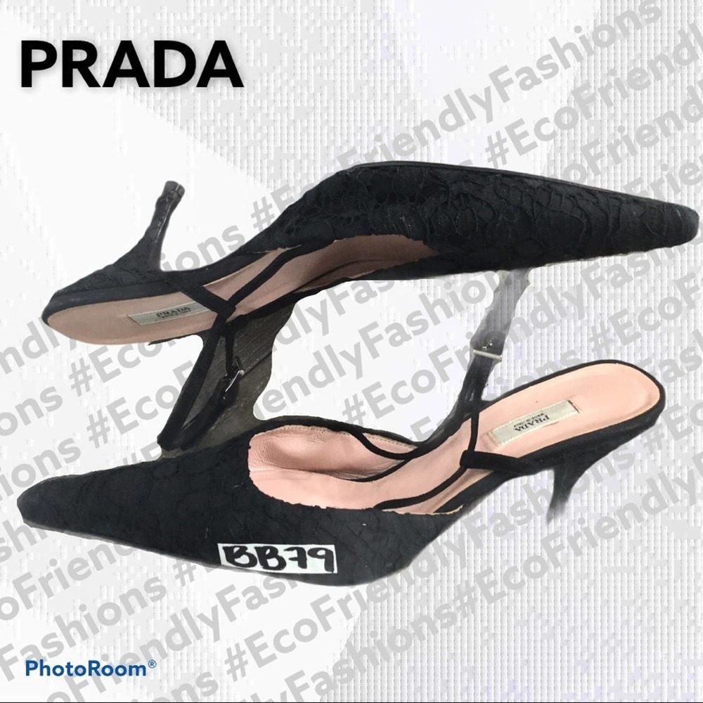 Prada Black Flower Lace Slingback Pumps Lux0** - Picture 11 of 12
